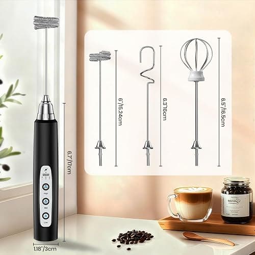 Colarlemo Milk Frother Handheld Rechargeable, Frother Wand Drink Mixer Electric Whisk for Coffee, Detachable With 3 Stainless Whisks, Hand Mixer for Lattes, Cappuccino, Matcha, Egg, No Stand,Black thumbnail 2