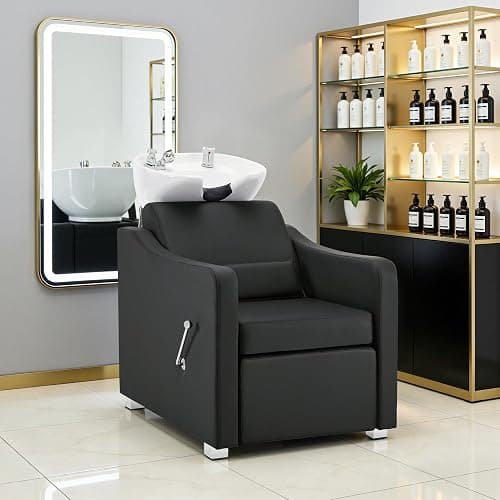 BarberPub Backwash Shampoo Station Chair, Adjustable Porcelain Ceramic Hair Wash Bowl with Chair, Shampoo Station for Barber Shop, Spa Beauty Salon Equipment 9364 (Black) thumbnail 2