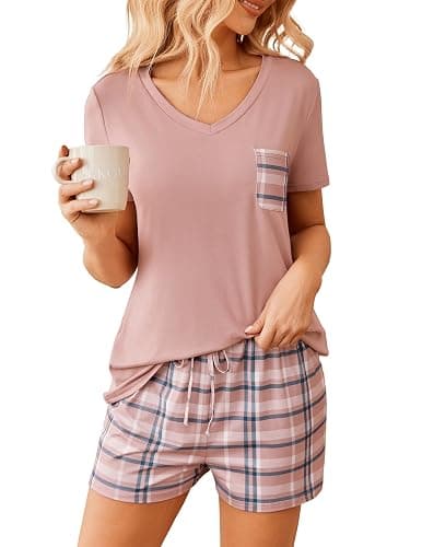 Ekouaer Womens Pajama Sets Short Sleeve Pajamas for Women Sets Soft Lounge Sets Casual V Neck Sleepwear PJS - Image 1