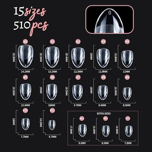 Teenitor Short Almond Nail Tips Set, 510 Pcs 15 Sizes Half Matte Pre-shaped Clear Acrylic Nail Tips, 23 Pcs Nail Art Brushes, Dotting Tool, Nail Stand, Nail Stickers for DIY Nail Art thumbnail 5