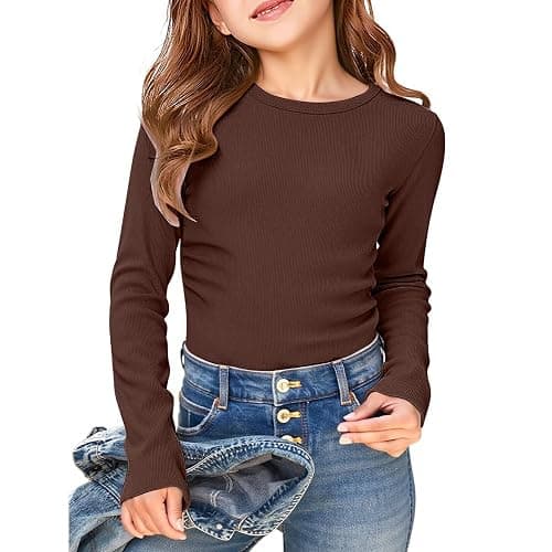 Girls Long Sleeve Shirt Ribbed Soft Crew Neck Summer Pullover Tops Teen Kids Solid Stretchy School Tshirts Clothes thumbnail 2