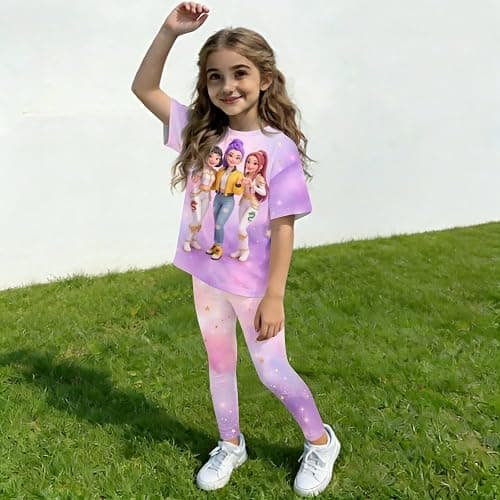 K Pop Outfits Set for Girls Short Sleeve T-Shirt and Long Pants Cute Cartoon Print Graphic Tees Merch Costume 2 Piece thumbnail 4