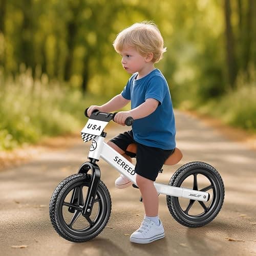 SEREED Toddler Balance Bike 2 Year Old, No Pedal Kids Toy Bike for 2-5 Years Old, Tool-Free Adjustment, Gift for 2-3 Boys Girls, Customize Plate with 3pcs Stickers (White) thumbnail 9