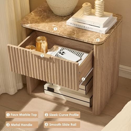 Fluted Nightstand Set of 2, Bedside Table with Faux Marble-Top, Engineered Wood Side Table with Drawer Open Shelf, Curved Corners, Modern Night Stand for Bedroom, Small Spaces, Natural Oak thumbnail 4
