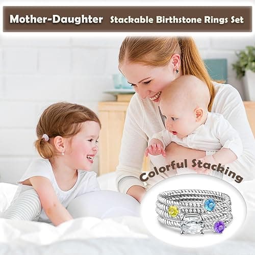 Tufeney Stackable Birthstone Rings Set for Women: 925 Sterling Silver Mother Family Stacking Ring Minimalist Stackable Bands Mother's Day Jewelry Gifts for Wife thumbnail 3
