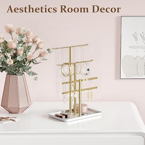 Jewelry Stand Organizer, 32cm Tall Sturdy Metal, 3-Tier Jewelry Holder for Necklace, Earring, Bracelet, Ring, Hanger for Display and Storage, Aesthetic Room Decor, Gold Jewlery Stand with White Tray thumbnail 6