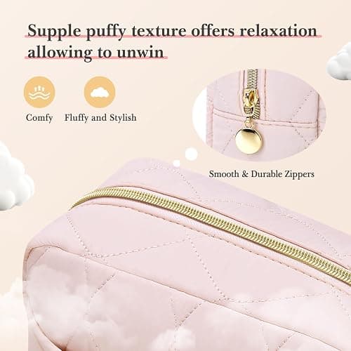Noozion Makeup Bag, Travel Cosmetic Bag, Puffy Padded Make Up Bag for Women, Makeup Organizer Case, Wide-open Pouch Purse, Travel Essentials - Pink thumbnail 5