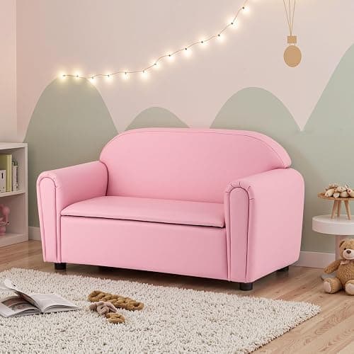 Costzon Kids Couch, 2 in 1 Double Seat Children's Sofa w/Under Seat Storage, PU Leather Surface, Toddler Armrest Chair, Kids Room, Soft Children Pink Sofa with Storage for Preschool Baby Girls Gifts thumbnail 8