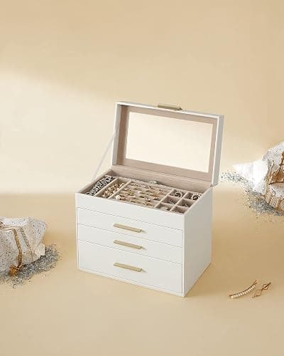 SONGMICS Jewellery Box with Glass Lid, 4-Layer Jewellery Storage Organiser with 3 Drawers, Plenty of Storage, Modern, Gift Idea, 15.3 x 25.1 x 21.5 cm, Cloud White and Gold Colour JBC161W01 thumbnail 9