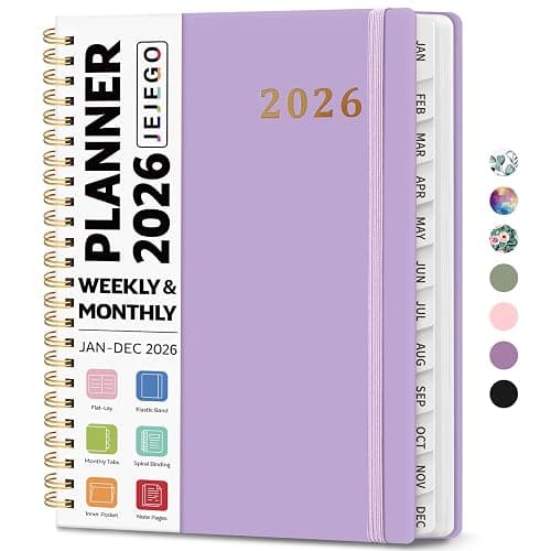 2026 Planner, Weekly and Monthly Calendar Planner Book, January 2026 - December 2026, Hardcover Spiral Planner with Monthly Tabs, Notes Pages, Perfect for Women & Men, A5 (6.4" x 8.5") - Lavender - Image 1