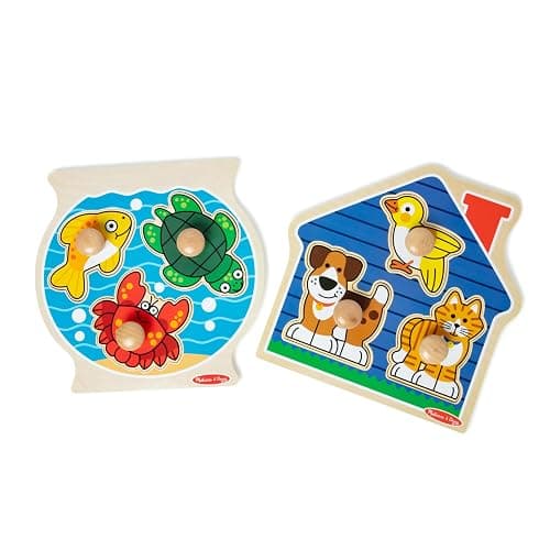 Melissa & Doug Wooden Jumbo Peg Puzzle 2-Pack – Fish Bowl, House Pets, 3-Piece for Toddlers Boys and Girls, Ages 1+ Years thumbnail 4