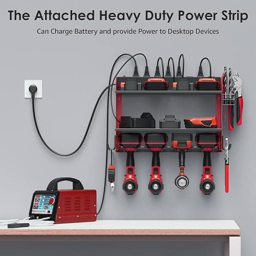 CCCEI Modular Power Tool Organizer Wall Mount with Charging Station. Garage Drill Storage Shelf with Hooks, Heavy Duty Rack, Tool Battery Holder Built in 8 Outlet. Gift for Men. Red, 1 Pack. thumbnail 5