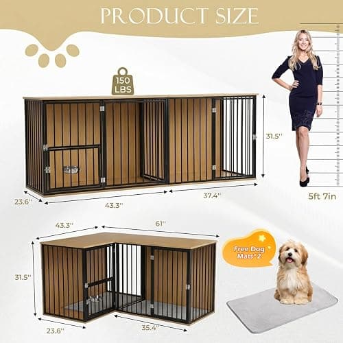 Large Double Dog Crate Furniture - TV Stand & Indoor Kennel with Adjustable Divider, Heavy Duty Wooden Pet House for 2 Large Breed Dogs, Removable Doors, with Rotating Feeder (Dark) thumbnail 7
