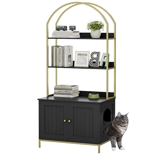 Homhedy Cat Litter Box Enclosure, Litter Box Furniture Hidden with 2-Tier Storage Shelves, Wooden Cat Washroom Furniture with Metal Frame, Modern Style, Black and Gold - Image 1
