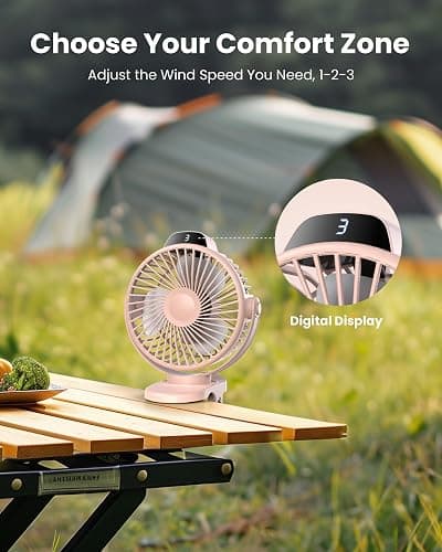 Koonie Portable Clip On Fan, Small USB Battery Operated, 3 Speed Rechargeable Mini Pink With LED Display, 360° Rotate Personal Cooling for Desk Stroller Travel Camping Golf Gym thumbnail 4
