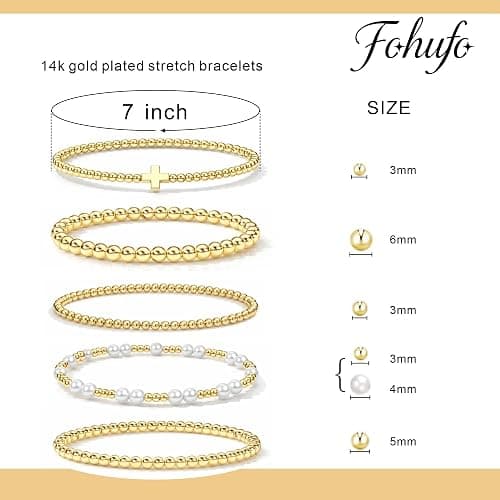 Fohufo Gold Bracelets for Women Jewelry - Easter Basket Stuffers, Cross/Pearl/Beaded Bracelets Set, Dainty 14K Gold Plated Beaded Bracelets Stack, Birthday Easter Gifts for Women thumbnail 5