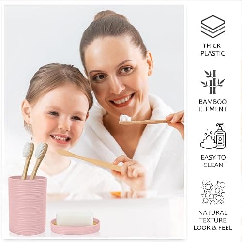 CERBIOR Bathroom Accessories Set 6 Piece Bamboo Bath Ensemble Includes Soap Dispenser, Toothbrush Holder, Toothbrush Cup, Soap Dish for Decorative Countertop and Housewarming Gift, Sriral Pink thumbnail 5