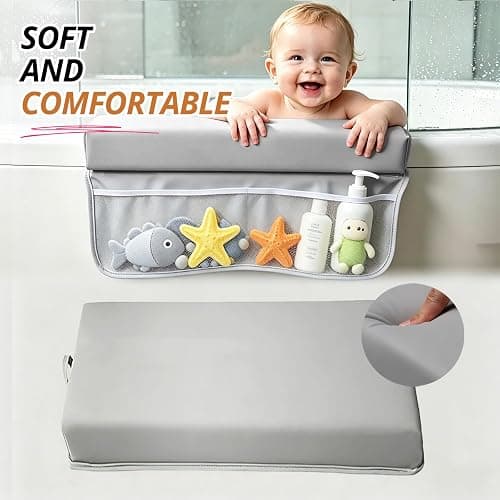 JVEOO Baby Waterproof Vegan Leather Bath Kneeler and Elbow Rest Pad Set | Thickened Non-Slip Memory Foam Knee & Arm Support Bathtub Mat with Toy Organizer for Infant Toddler Bathing thumbnail 7