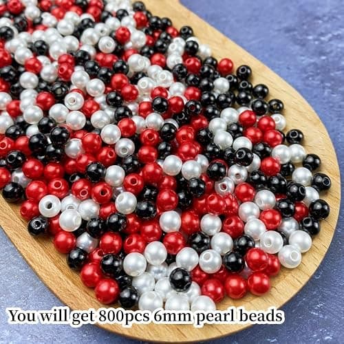 Pearl Beads,800 Pcs Craft Beads Loose Pearls 6mm Round Spacer Beads for Earring Bracelet Necklace Key Chains Jewelry DIY Craft Making,Decoration and Vase Filler(Black Red White) thumbnail 4