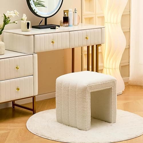 Wimarsbon Vanity Stool Chair, Modern Teddy Velvet Ottoman Footrest, Sofa Bench Footstool Extra Seat, Home Decor for Makeup Room, Living Room, Entryway, Office (White) thumbnail 2