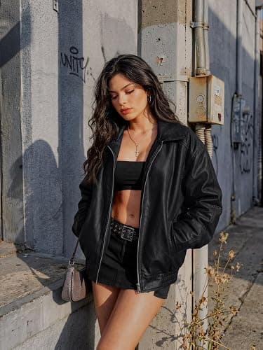 AUTOMET Women's Oversized Faux Leather Jacket for Fall and Winter | Concert Outfits, Boyfriend Biker Moto Coat, Medium weight Fall Bomber Jackets, Music Festival Winter Outerwear thumbnail 3