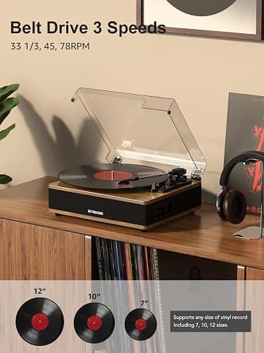 Vinyl Record Player Bluetooth Turntable with Built in Stereo Speakers Belt Drive 3 Speeds Turntables for Vinyl Records Support RCA Output, Aux in, Auto Stop Walnut Wood thumbnail 2