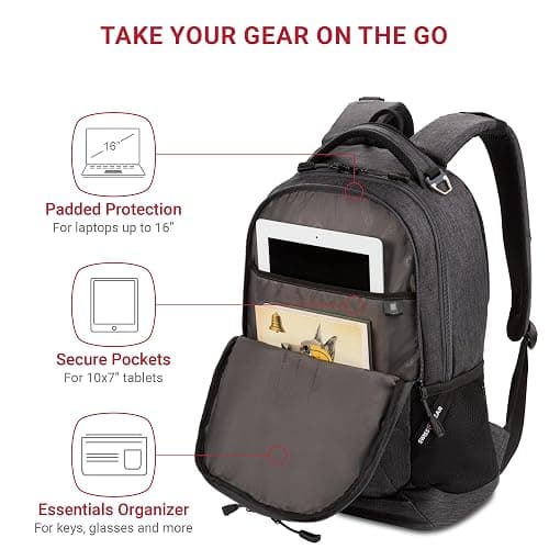 SwissGear 5505 Cecil 16” Laptop Backpack Charcoal – Daily Laptop Bag with Gear Attachment Options – Multiple Organizer Pockets & Padded Shoulder Straps thumbnail 2