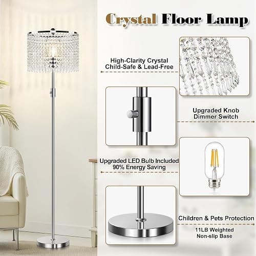 Yemela 【Upgraded】 Dimmable Crystal Floor Lamps for Living Room, 1000LM LED Bulb Included, Standing Lamp with Knob Switch, Tall Silver Modern Floor Lamp for Bedroom Nursery Office Reading thumbnail 8