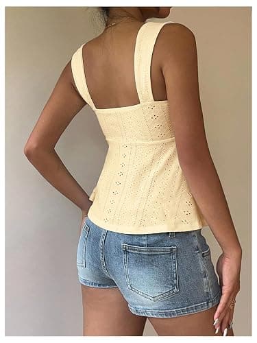 Milumia Women's Eyelet Tie Front Ruched Tank Tops Y2k Going Out Peplum Top | Babydoll, Sexy Slim Fit, Sleeveless, Flowy, Summer, Beach Vacation Outfits, Country Concert thumbnail 3