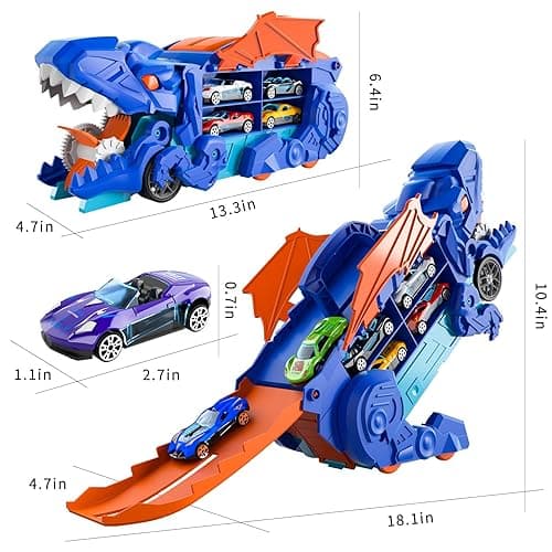 iHaHa Toddler Truck Toys for 3 4 5 6 Years Old Boys, Toys Cars Track Set Dinosaur Transporter Truck with 10 Die-Cast Car Toys, Transforms into Dino, Toddler Car Toys Set for Kids Boys Girls - Blue Dinosaur Truck thumbnail 3