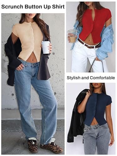 Pungdra Women's Button Down Shirt Cap Sleeve Tops for Women Button Up Ribbed Knit Slim Fit Casual Y2K Crop Going Out Top thumbnail 6