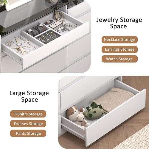 ZORPLIX White 8 Drawer Dresser for Bedroom, Modern Chest of Drawers, Jewelry Dresser Display with Glass Top and LED Light, Dressers Organizer for Bedroom, Closet, Living Room thumbnail 5