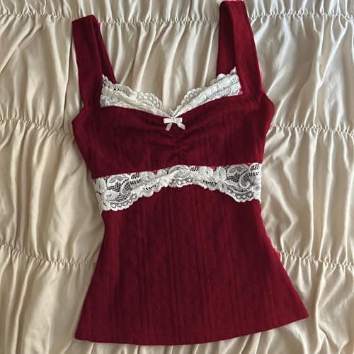 Women Y2k Lace Trim Tank Tops Teen Girl Goth Sleeveless Shirt Coquette Clothes Vintage V Neck Going Out Crop Top thumbnail 2