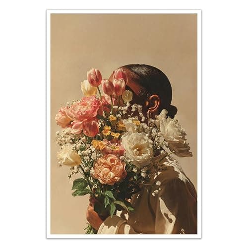 Black Woman Canvas Wall Art Elegant Black Girl Canvas Art 16x24in Unframed | African American Women Wall Decor, African American Woman With Flowers Painting Artwork For Living Room Bedroom Dorm - Image 1