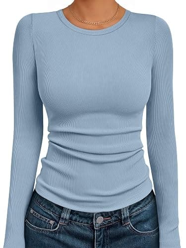 AUTOMET Long Sleeve Shirts Blouses Fall Fashion Ribbed Basic Tops Winter Clothes - Image 1