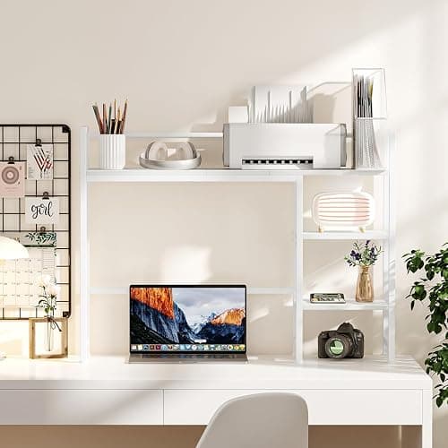 Snughome Desk Shelf, 38.6" Desktop Organizer Shelf, Desk Hutch for Computer Monitor, 4 Tier Desk Display Rack, Wood Desktop Bookshelf Storage Rack for Home Office Dorm, White thumbnail 4