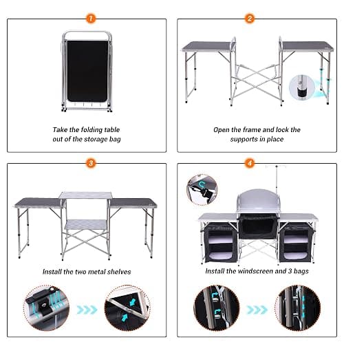 Nice C Camping Kitchen Table, Folding Table, Upgrade Light Stand and Windshield Cooking Station & 3 Organizers, Carry Bag for Outdoor, Beach, BBQ, Picnic, Cooking, Indoor, Office(Silver) thumbnail 5