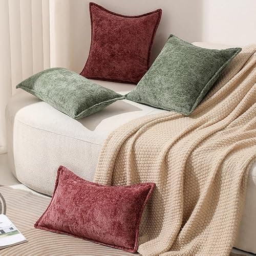DEZENE Pack of 2 Burgundy Fall Decorative Throw Pillow Covers 18x18 Cozy Soft Chenille Accent Vintage Square Couch Pillow Covers for Home Decor Bed Sofa Living Room thumbnail 4