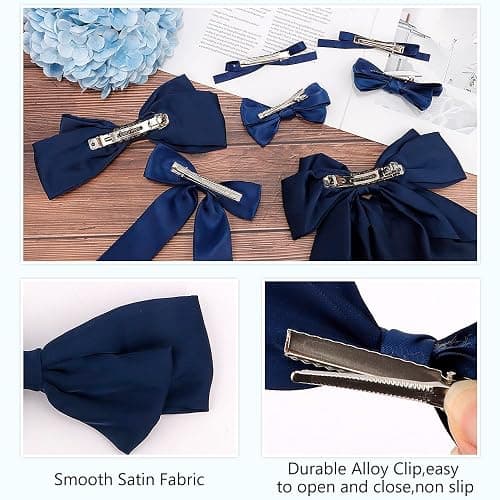 Ahoney 7 Pack Navy Blue Bows for Hair Bows Silky Satin Big Hair Bow Hair Clips Multi Style French Long Hair Ribbon Hair Accessories Barrettes for Women Girls thumbnail 4