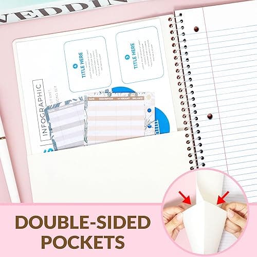 SUNEE Spiral Notebook, 1-Subject, College Ruled Paper, 8" x 10-1/2", 100 Sheets per Notebook, 3-Hole Punched Paper, Water Resistant Cover, Double-sided Pockets, Spiral Lined Notebooks for Work, Pink thumbnail 9