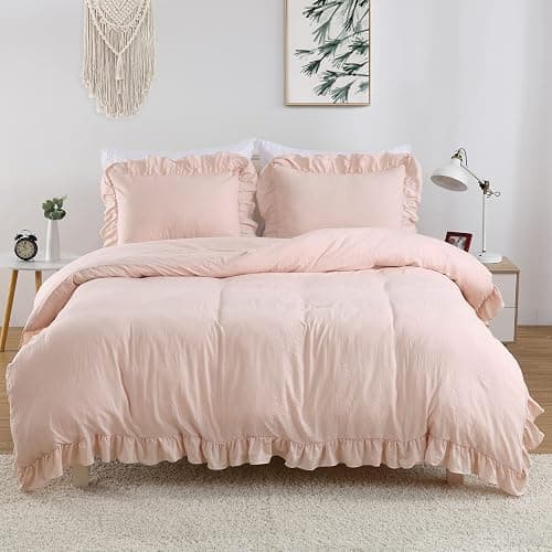 Pink Ruffle Duvet Cover Queen Size, 3PCS Soft Washed Microfiber Vintage French Country Duvet Cover Set for Queen Bed, Pink, 90x90 in - Image 1