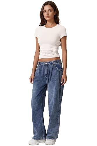 QINSEN Short Sleeve Shirts for Women Round Neck Basic Double Lined Tees Fitted Y2k Crop Tops thumbnail 6