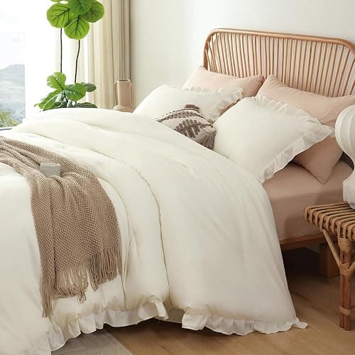 JANZAA Full Comforter Set Creamy White Ruffle Comforter with 2 Pillowcase Soft Full Size Bed Set Vintage Farmhouse Bed Comforter Set Fluffy Shabby Chic Bedding for All Season thumbnail 5