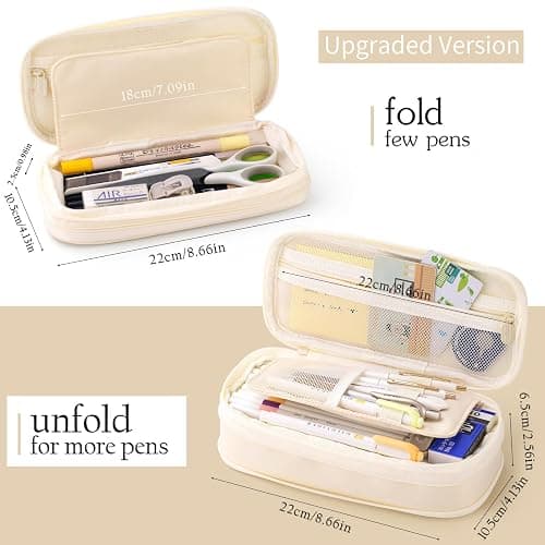 EASTHILL Big Capacity Pencil Case Large Pencil Pouch Stationery Pen Bag for Teen Girls-Cream - Cream thumbnail 3