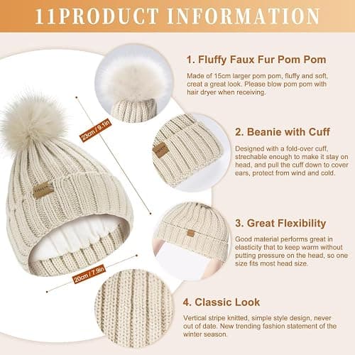 Winter Beanie Hat Scarf Gloves Set for Women, Womens Beanie with Pom Pom Long Scarf Neck Warmer Touchscreen Gloves 3 in 1 Set thumbnail 3
