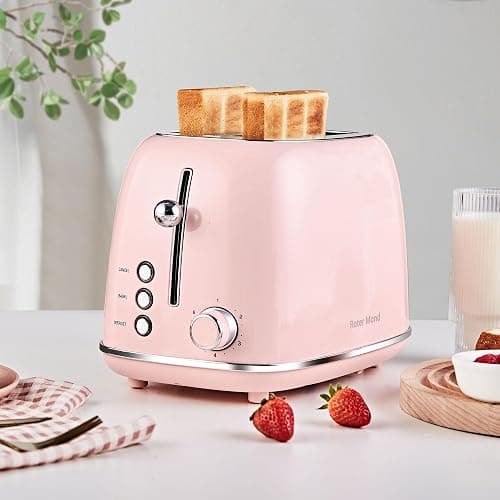 Roter Mond 2 Slice Toaster Retro Stainless Steel with Bagel, Cancel, and Defrost Functions, 6 Bread Shade Settings, Extra Wide Slots and Removable Crumb Tray, Pink thumbnail 2