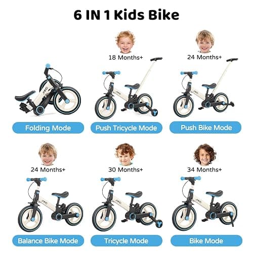 JMMD 6 in 1 Toddler Bike with Push Handle for Kids 18-60 Months, 12" Foldable Balance Bike with Training Wheels, Pedals, Brakes, Kickstand, Push Tricycle Toddler Gift & Toys for Boy & Girl thumbnail 2