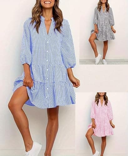 Women's Summer Casual Loose-Fit Button Down 3/4 Sleeve V Neck Cotton and Linen Plaid Loose Flowy Shirt Dress thumbnail 6