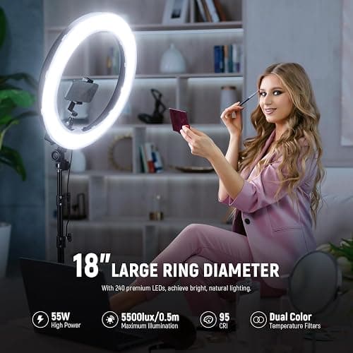 NEEWER 55W 18"/45cm Ring Light Kit [New Version], 5600K Dimmable LED Ringlight Tripod Stand Phone Holder for iPhone Selfie Makeup Lash Tattoo Studio Photo Video Recording Photography Lighting, RL-18 thumbnail 6