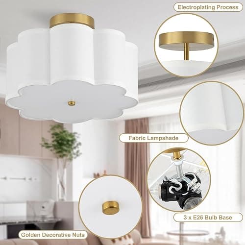 Giutna 13.3"Semi Flush Mount Ceiling Light Fixture, 3-Light Modern Close to Ceiling Light With Fabric Flower-Shaped Shade, Light Fixtures Ceiling Mount for Bedroom Nursery Kids Room Living Room(Gold) thumbnail 4